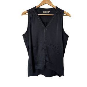 GO by Go Silk Navy Blue Washable V Neck Distressed Sleeveless Blouse Sz M